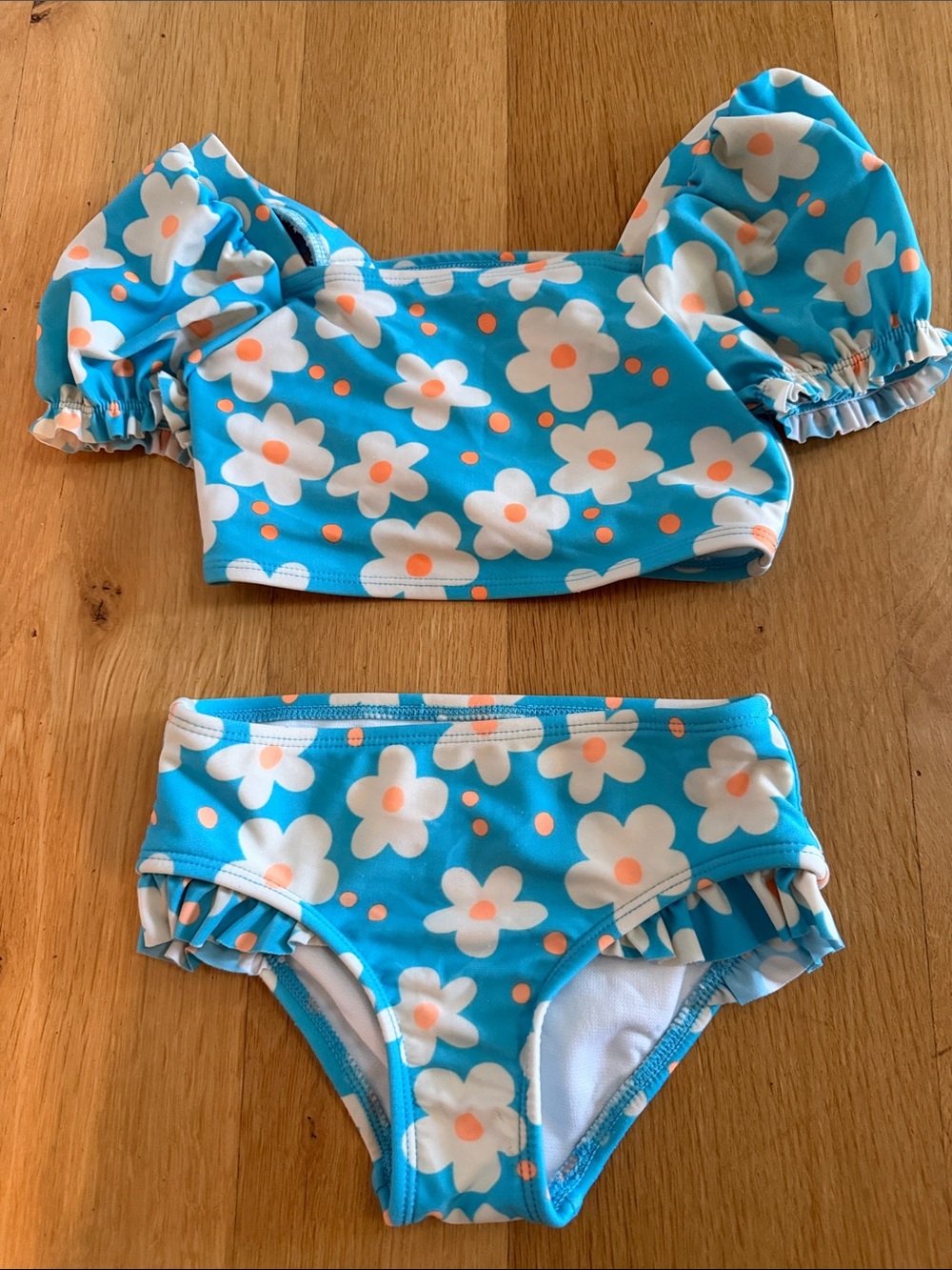Cat & Jack Blue Floral Puff-Sleeve Bikini Set with Peach Accents